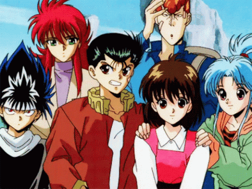 A Group Of Anime Characters Pose For A Picture Together GIF