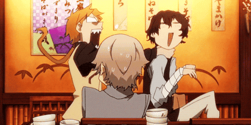 A Group Of Anime Characters Sitting At A Table With Chinese Writing On The Wall GIF
