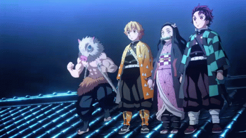 a group of anime characters standing next to each other on a roof