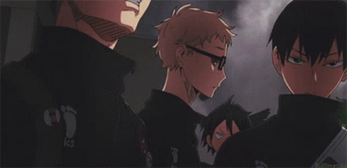 A Group Of Anime Characters Standing Next To Each Other With Birds Flying In The Background GIF