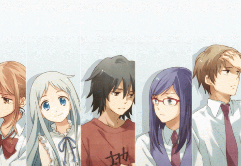 A Group Of Anime Characters Standing Next To Each Other With One Wearing A Red Shirt With Chinese Characters On It GIF