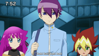 a group of anime characters standing next to each other with the time of 7:52