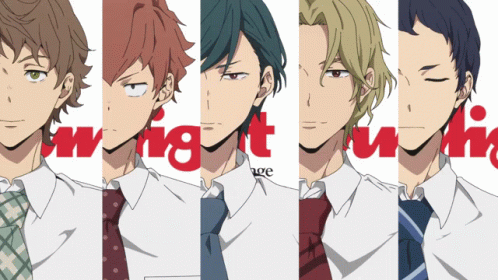 A Group Of Anime Characters Standing Next To Each Other With The Word Wig On The Bottom Left GIF