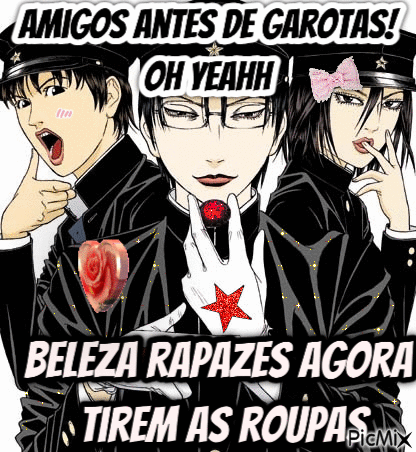 A Group Of Anime Characters Standing Next To Each Other With The Words Amigos Antes De Garotas Oh Yeahh GIF