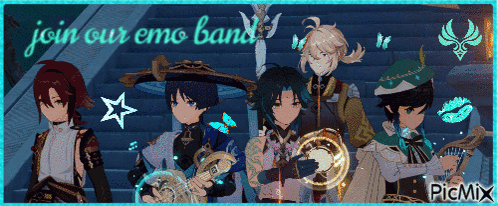 A Group Of Anime Characters Standing Next To Each Other With The Words " Join Our Emo Band " Written Above Them GIF