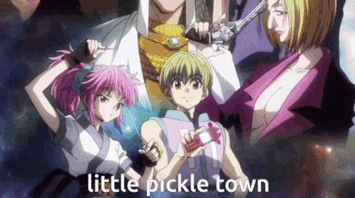 a group of anime characters standing next to each other with the words little pickle town on the bottom
