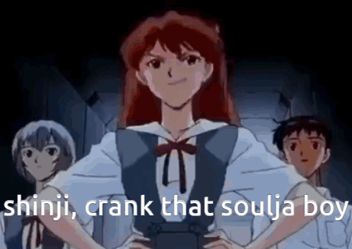 A Group Of Anime Characters Standing Next To Each Other With The Words Shinji Crank That Soulja Boy Written On The Botto GIF