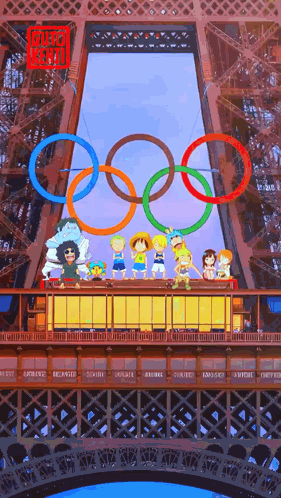 a group of anime characters standing on top of an eiffel tower in front of the olympic rings