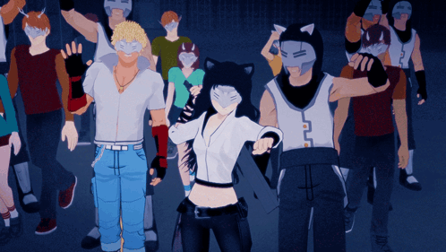 a group of anime characters wearing masks are standing in a dark room