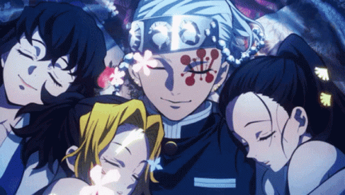 A Group Of Anime Characters With One Wearing A Bandana That Says " Foo " GIF