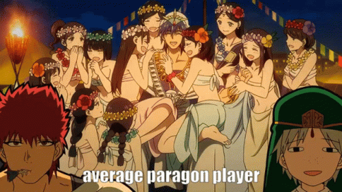 A Group Of Anime Characters With The Words Average Paragon Player On The Bottom Right GIF