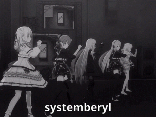 a group of anime girls are dancing in a black and white photo with the word systemberyl on the bottom