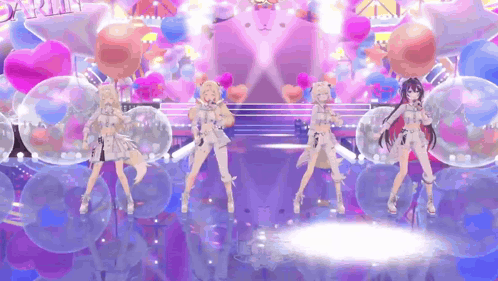 A Group Of Anime Girls Are Dancing On A Stage Surrounded By Balloons And Hearts . GIF