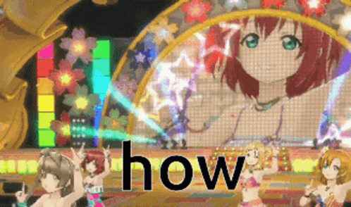 A Group Of Anime Girls Are Dancing On A Stage With The Word How In The Upper Right Corner GIF