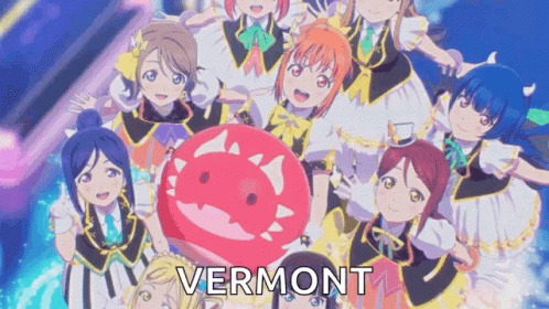A Group Of Anime Girls Are Posing For A Picture With The Word Vermont In The Upper Right Corner GIF