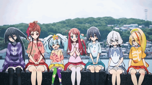 A Group Of Anime Girls Are Sitting On A Ledge With One Wearing A Shirt That Says ' A ' On It GIF