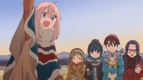 A Group Of Anime Girls Are Standing In A Field With One Girl Holding A Dog GIF