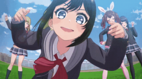 A Group Of Anime Girls Are Standing In A Field With One Pointing At The Camera GIF