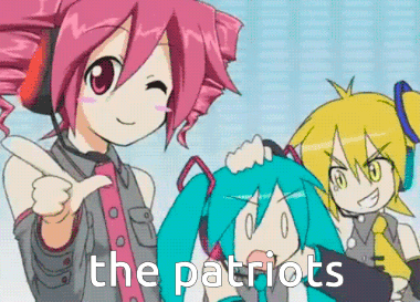 A Group Of Anime Girls Are Standing Next To Each Other With The Words " The Patriots " On The Bottom Right GIF
