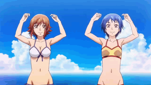 A Group Of Anime Girls In Bikinis Are Dancing On A Beach . GIF