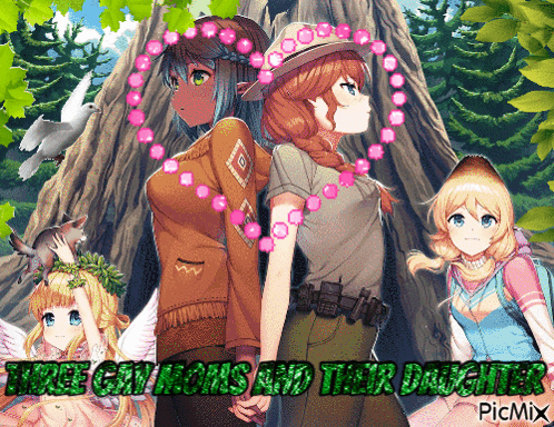 A Group Of Anime Girls Standing Next To Each Other With The Words " Free Gilmans And Their Daughters " Written On The Bo GIF