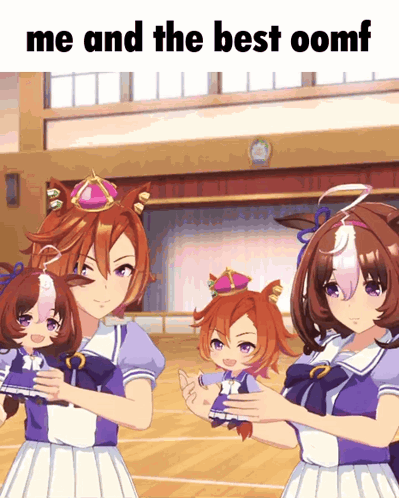 A Group Of Anime Girls Standing Next To Each Other With The Words Me And The Best Oomf Above Them GIF