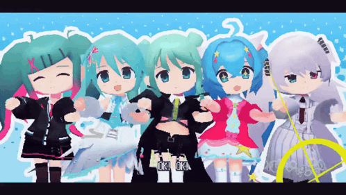 A Group Of Anime Girls Standing Next To Each Other With The Words Ok Ok On The Bottom Left GIF