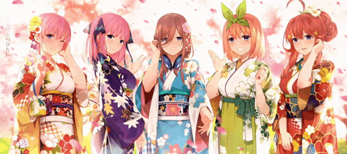 A Group Of Anime Girls Wearing Kimonos Are Standing In A Row GIF