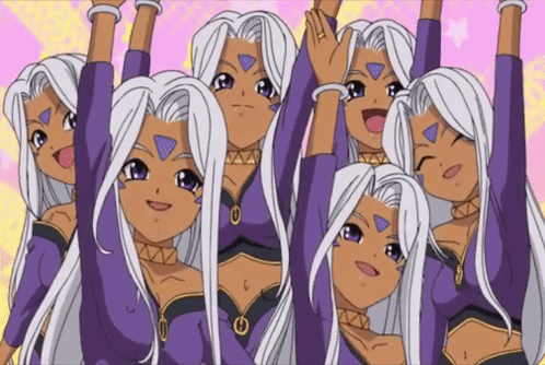A Group Of Anime Girls With Their Arms Up GIF