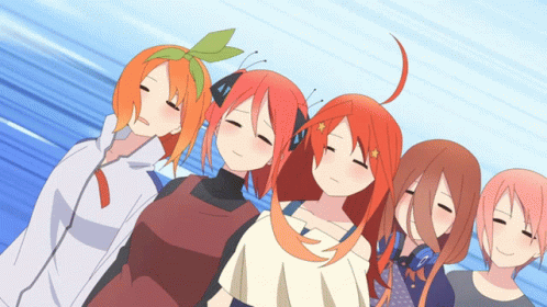 A Group Of Anime Girls With Their Eyes Closed In A Row GIF