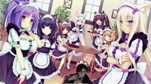 A Group Of Anime Maids Are Standing Around A Table In A Room GIF