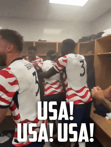 A Group Of Athletes In A Locker Room With The Words Usa Usa Usa On The Bottom GIF