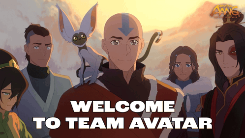 A Group Of Avatar Characters Are Standing Next To Each Other With The Words Welcome To Team Avatar Below Them GIF