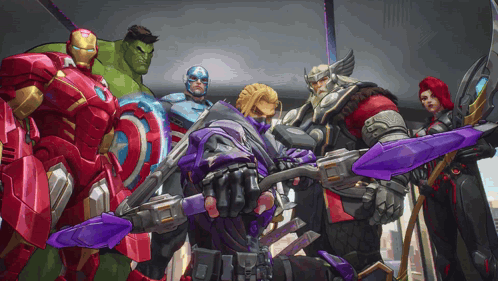 A Group Of Avengers Standing Next To Each Other Holding Weapons GIF