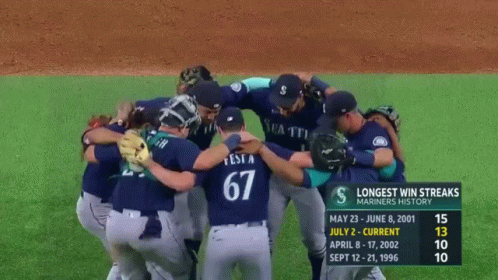 A Group Of Baseball Players Huddled Together With The Number 67 On The Back Of Their Jersey GIF