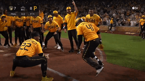 A Group Of Baseball Players Wearing Yellow Shirts With Psh On Them GIF
