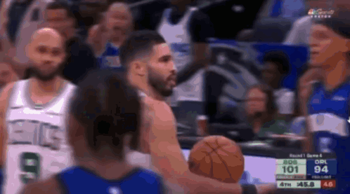 A Group Of Basketball Players Are Playing A Game And One Of Them Is Holding A Basketball . GIF