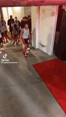 a group of basketball players are walking through a hallway with a red carpet .
