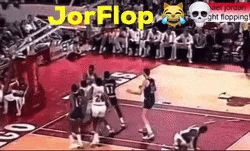 A Group Of Basketball Players On A Court With The Words Jorflop Written On The Bottom GIF