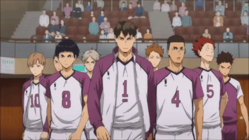 A Group Of Basketball Players Wearing Purple And White Uniforms With The Numbers 1 Through 5 GIF