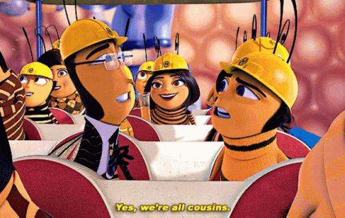 A Group Of Bees Wearing Hard Hats Are Sitting In A Row And One Of Them Says Yes We Are All Cousins GIF