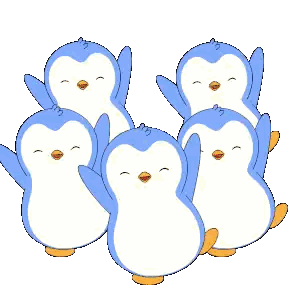 a group of blue and white penguins standing next to each other on a white background
