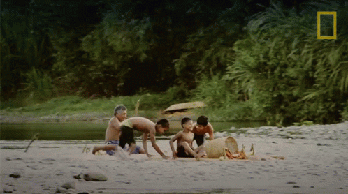 A Group Of Boys Are Playing On A Beach With A National Geographic Logo In The Corner GIF