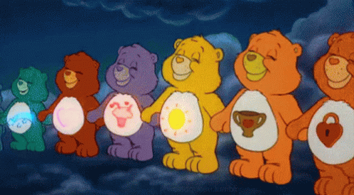 A Group Of Care Bears Are Standing In A Line GIF