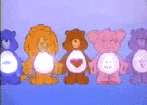 a group of care bears are standing in a row on a blue background .