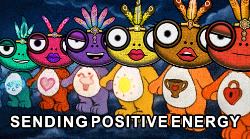 A Group Of Care Bears Standing Next To Each Other With The Words " Sending Positive Energy " Written Below Them GIF