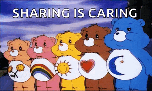A Group Of Care Bears Standing Next To Each Other With The Words Sharing Is Caring Written Above Them GIF