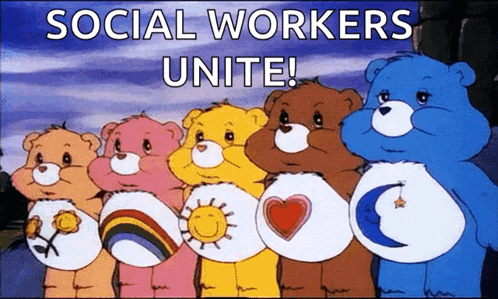 A Group Of Care Bears Standing Next To Each Other With The Words " Social Workers Unite " Written Above Them GIF