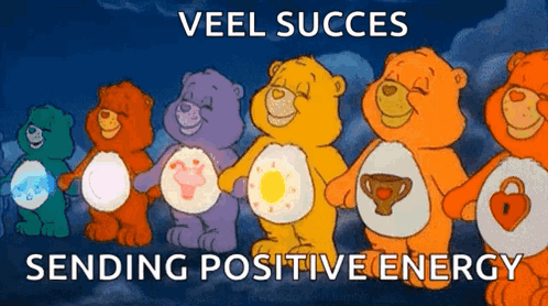 A Group Of Care Bears Standing Next To Each Other With The Words Veel Succes Sending Positive Energy GIF