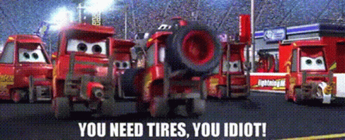 A Group Of Cars Are Standing In A Parking Lot With The Words " You Need Tires You Idiot " On The Bottom GIF